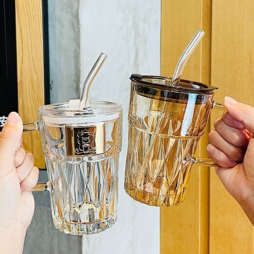 FancyChic [6174] Europäische elektroplierende farbige Glaswasserbecher verdickte Blei-Blei-Gurt-Griff-Griffe Anti-Scenging Strohbecher Diamant Ins High Purple Griff + Deckel + Strohhalm + Strohhalm