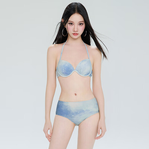 Yansha swimsuit women's split shirt four-piece set covering belly to make you look slim and sexy and conservative flat corner hot spring vacation swimsuit blue L