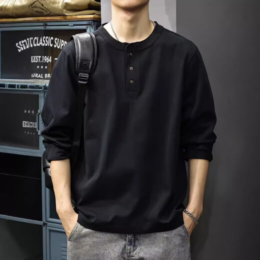 MAGIOPY luxury high-end brand men's spring and autumn new heavy cotton Henry collar long-sleeved T-shirt men's loose large size bottoming shirt Army Green M 100 120Jin Jin is equal to 0.5 kg