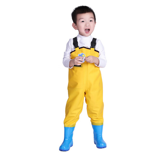 Bon Eve children's water play one-piece waders kindergarten waterproof clothes for catching the sea children's rain boots men and women fishing rain pants beach children-blue overalls with pockets 25-shoe inner length 16cm