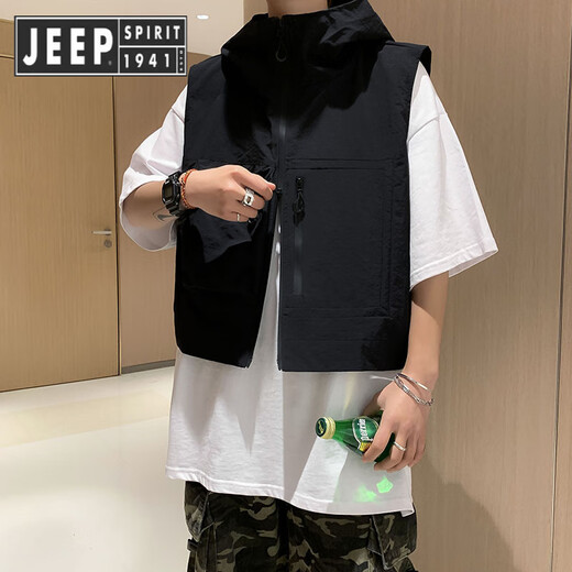 Jeep Spirit Jeep Sommer Kapuze -Weste Japaner Retro Fashion Lose Trendy Brand Evergrande Hip Kapuze arbeiten ärmellose Weste außerhalb schwarzer XL