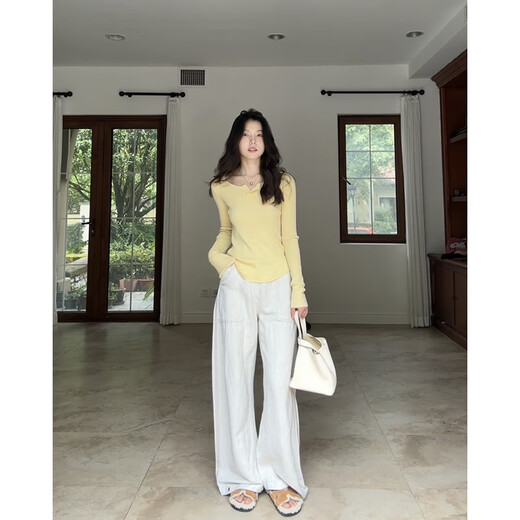 
Guo Jiujiu, mulberry silk wool gentle style long-sleeved knitted sweater top wide-leg trousers G924Z12798 top-cream yellow M