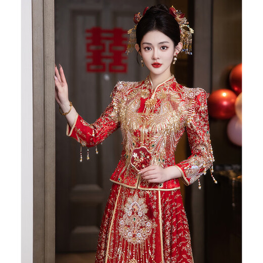 红衣金线结婚秀禾服2025新款出阁服敬酒服新娘出嫁中式婚服订婚出门礼服 H-727花嫁 付款15天内发货 2XL