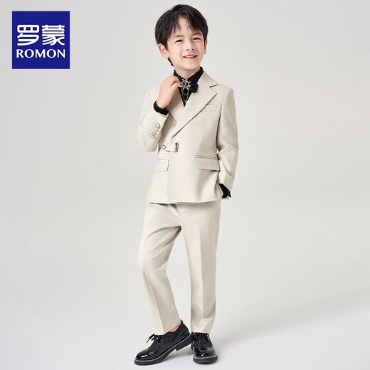罗蒙儿童西装套装花童钢琴演出服主持人礼服男孩周岁生日西服 米白140