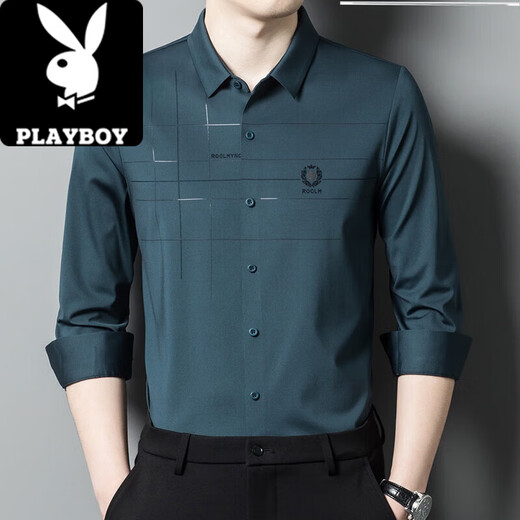 花花公子（PLAYBOY）男士粉色衬衫长袖春秋季新郎结婚礼服喜公公爸针织 6625墨绿 4XL 190【170-190斤】