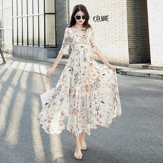 Sichuanshe Vestido floral de cuello en V francés para mujeres 2025 Summer Nuevo estilo Cerrándo
