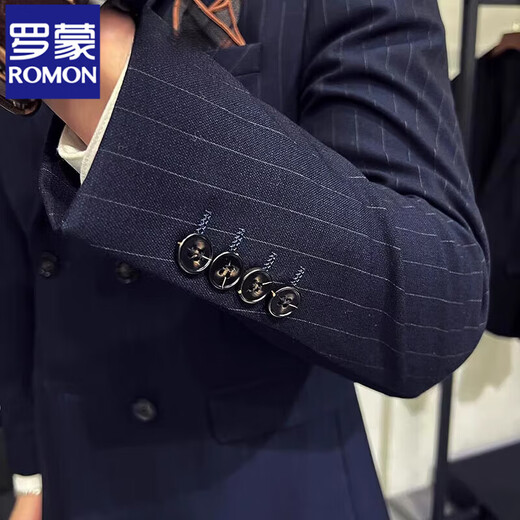 ROMON Blue Double-breasted Suit Jacket Men's Gentleman Business Casual Suit British Striped Wedding Groom's Dress Blue Two-piece Set Free Tie Tie Bra S 46