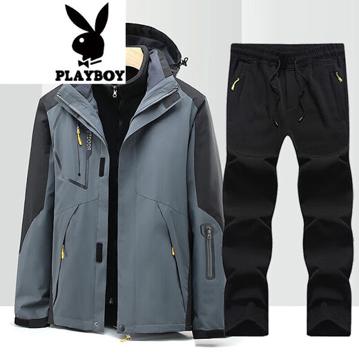 花花公子（PLAYBOY）夹克外套男秋冬季防风冲锋款衣裤套装男三合一两件套登山服 MK-1203黑色+8369黑色 XL 建议140-160斤