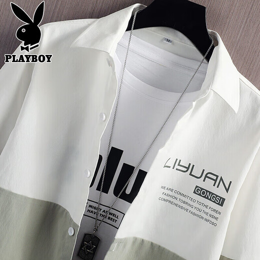 Playboy (Playboy) Shirt Herren viertelärmeliger Sommer-Herren-Kurzärmel-Hemd Herren Ice Silk Casual Lose Männerjacke weiß und grün xl