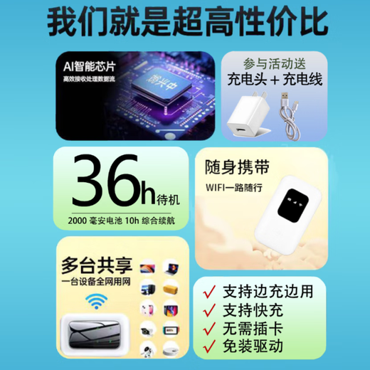 本腾【10万+人加购】随身WiFi6八天线上网神器无线上网宝便携式充电款 【顶配版】WiFi6*支持快充