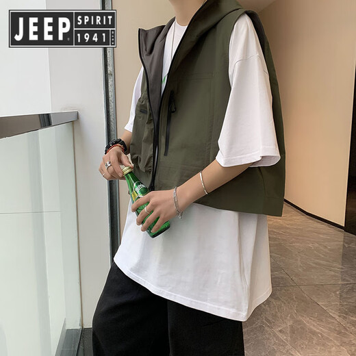 Jeep Spirit Jeep Sommer Kapuze -Weste Japaner Retro Fashion Lose Trendy Brand Evergrande Hip Kapuze arbeiten ärmellose Weste außerhalb schwarzer XL