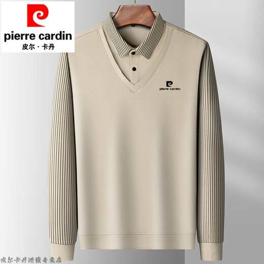 
Pier Cardin brand pure cotton fake two-piece long-sleeved T-shirt men's winter plus velvet thick shirt collar POLO base shirt warm top dark green plus velvet L 17088A-