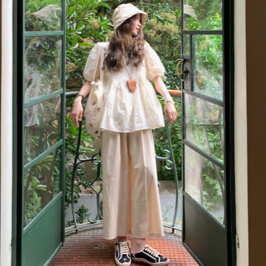 Ranqi Mommy Pregnant Summer Suit Set Two-Piece Cotton Hollow Shirt Top Summer Thin Fashionable and Casual Lazy Style Apricot Top + Khaki Wide Leg Pants [Set] 2XL