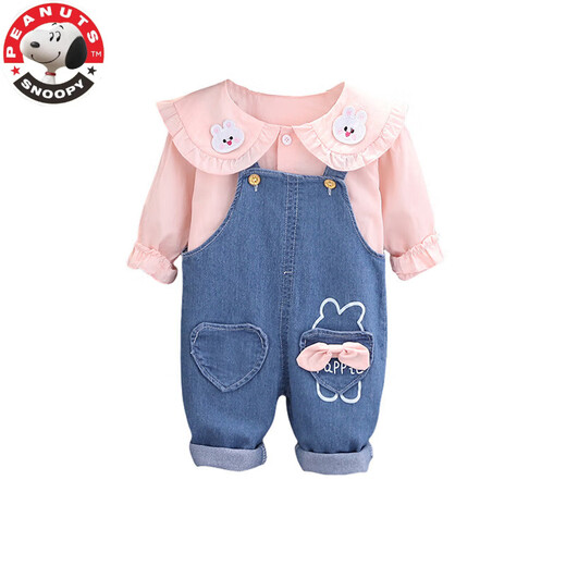 史努比（SNOOPY）儿童套装2025春秋款新款0-4岁女童小兔子衬衫牛仔背带裤两件套 粉红色 80 cm