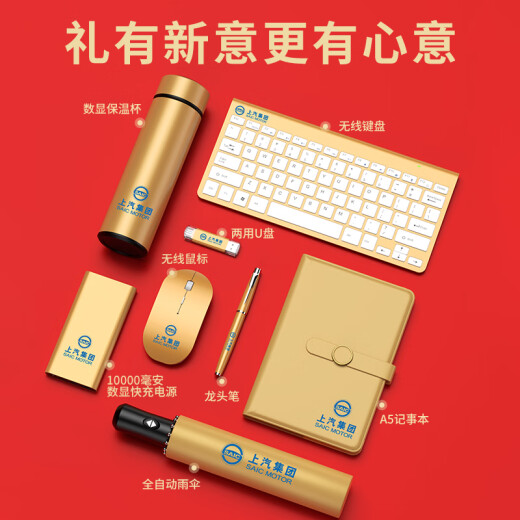 虹净阁公司伴手礼商务礼品定制logo送员工客户实用奖品高档办公键盘水杯 银色-无线键盘+鼠标+U盘+电源+笔