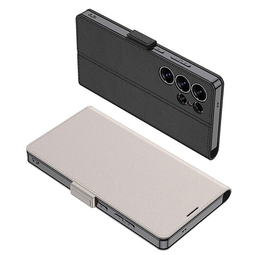 优矩 适用三星s25ultra手机壳翻盖皮套可插卡s9380轻奢皮革支架保护壳s25u高端商务镜头全包保护套新款 （电镀翻盖皮套）炫酷黑 三星s25ultra