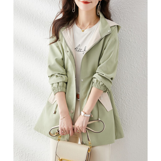 
Shangjing Spring and Autumn Trench Coat for Women Mid-Length Small Hat Waist Hooded Contrast Color Versatile Commuter Jacket Green M