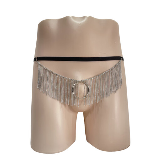 One-waist chain tassel sexy exposed PP men's underwear, pure desire iron ring thong underwear, red 1 piece, one size fits all