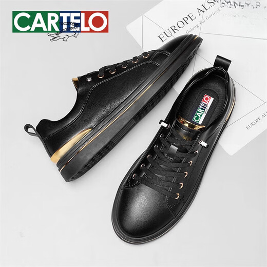 卡帝乐鳄鱼板鞋男感黑色男士休闲皮鞋真皮镂空透气一脚蹬男鞋 黑色-镂空透气-6630T 39 标准运动鞋码