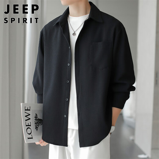 JEEP SPIRIT Jeep long-sleeved shirt men's spring trendy shirt men's waffle top jacket men's black XL