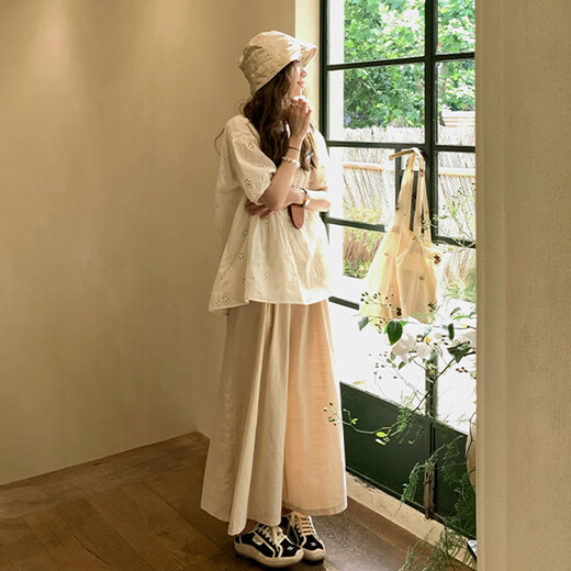 Ranqi Mommy Pregnant Summer Suit Set Two-Piece Cotton Hollow Shirt Top Summer Thin Fashionable and Casual Lazy Style Apricot Top + Khaki Wide Leg Pants [Set] 2XL