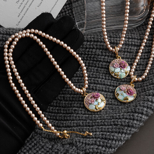 Chuxiao oil painting style pearl necklace for women new Chinese style national style flower literary retro 2024 new niche design clavicle chain oil painting pearl necklace about 47+6cm long