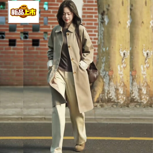 Chujing Casual Versatile Khaki Windbreaker 2025 Spring and Autumn New Temperament Loose Slim Medium Long Jacket Tobacco Khaki Windbreaker 2408 XS