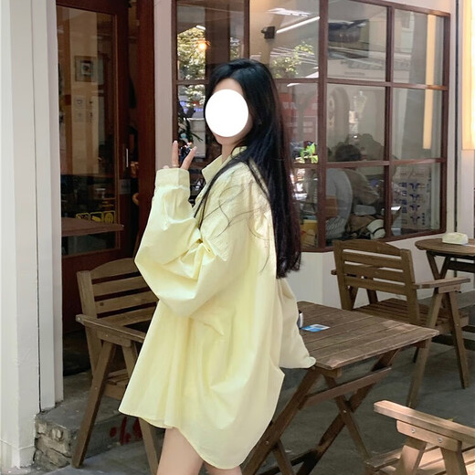 Jin Jin is equal to 0.5kg. Mu cream yellow striped shirt for women Korean style ins casual style early autumn wear loose design sun protection jacket light yellow-one size