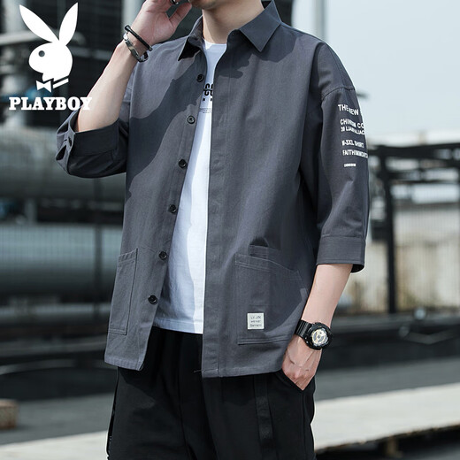 Playboy (Playboy) Shirt Herren Sommerhemd Herrenjacke Casual Viertel Ärmel Herren Kurzarm Lose Shirt Grau XL