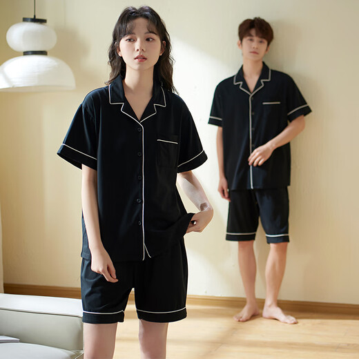 Shaqian couple pajamas summer cool cotton high-end girls short-sleeved simple black men's summer home wear