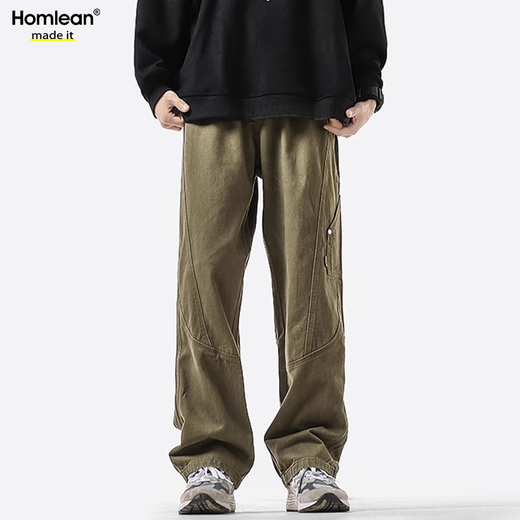 Homlean美式纯棉休闲裤男春夏小众潮牌复古宽松工装长裤子HS60卡其色2XL
