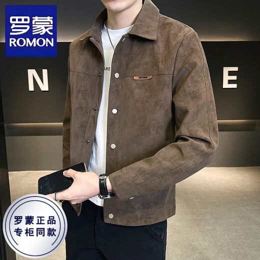 ROMON Jacket Men's Autumn and Winter Plus Velvet Handsome Trendy Lapel Suede Spring Top Men's Jacket Coffee Color Plus Velvet 2XL 140-155Jin Jin is equal to 0.5 kg