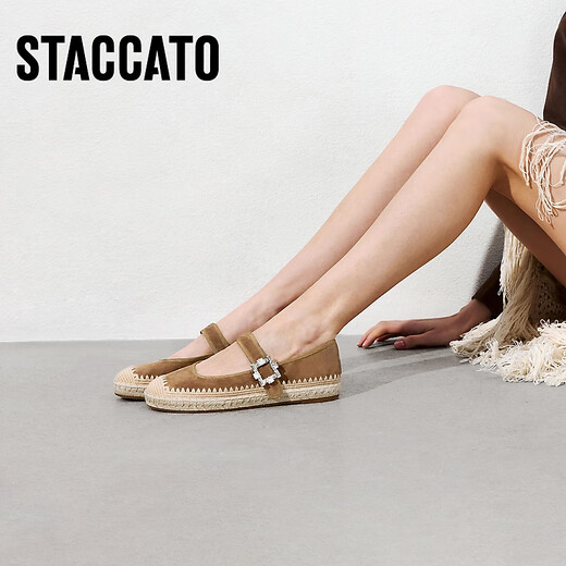 Sijiatu 2025 new wheat sugar cube Mary Jane shoes Fisherman shoes Flat shoes Light mouth shoes Women's single shoes 9UA49AQ5 Grass and wood brown 34