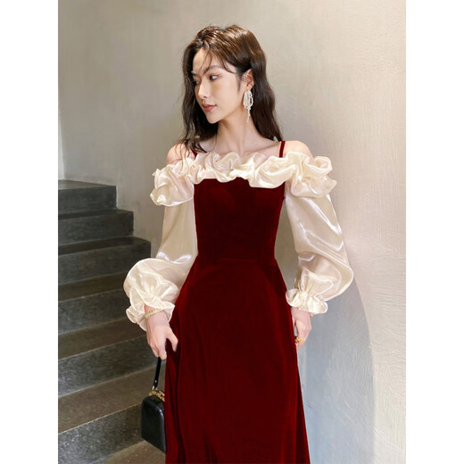 Pier Cardin one-shoulder toasting suit bride 2025 new autumn and winter evening dress can be worn on the daily wedding dress for adults burgundy 2XL