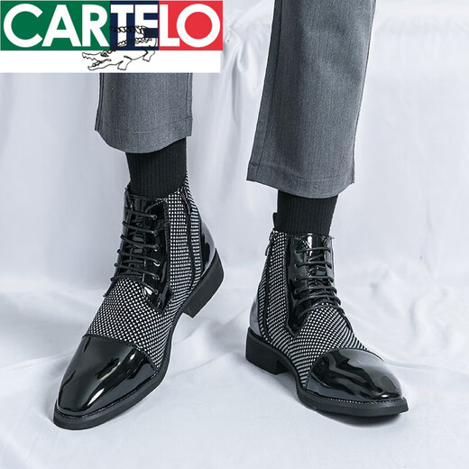 CARTELO leather shoes men's formal wear fashion business casual Martin boots trend British and Korean version pointy toe wedding groom leather shoes trend X.9712 black (inner height increase) 39
