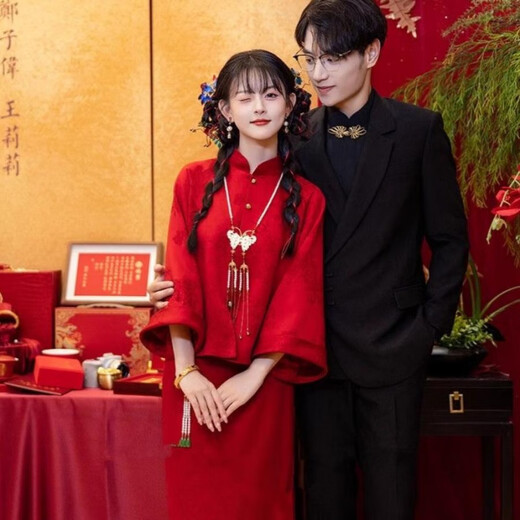 Wutuo Chinese wedding bride costume red new toast suit improved cheongsam spring and autumn new order service back door suit for women trendy burgundy suit without accessories 2XL