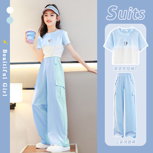 优优1点（Yoyo one）工装裤女童夏季套装2025新款儿童短袖运动服潮酷夏装大童夏天衣服 9889白色+15029粉紫色 140 140cm