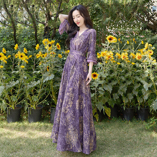 Silk Cypress House [gleiches Modell in Promi] V-Ausschnitt-Kleid 2025 Frühlings- und Sommer-Temperament gedruckter A-Line-Rock