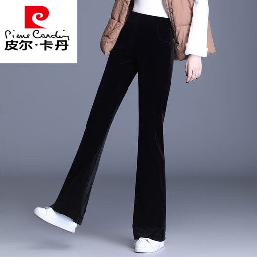 皮尔卡丹金丝绒微喇叭裤女春秋2025新款高腰显瘦直筒阔腿丝绒裤子女裤加绒 3886 黑色  加绒 长裤 加厚 S 【85-100斤】