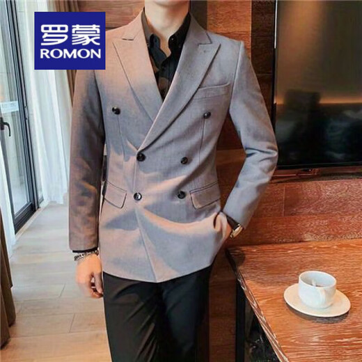 罗蒙（ROMON）2025秋冬毛呢西装男外套短款韩版修身休闲西服领毛呢大衣男 X829双排扣西装 黑色 2XL 【高质感 百搭】