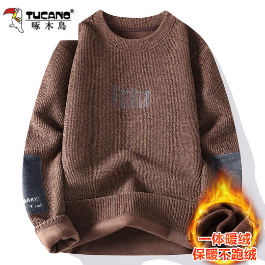 啄木鸟一体绒圆领毛衣男生秋冬季加绒加厚青少年初中高中学生针织打底衫 826黑色 4XL