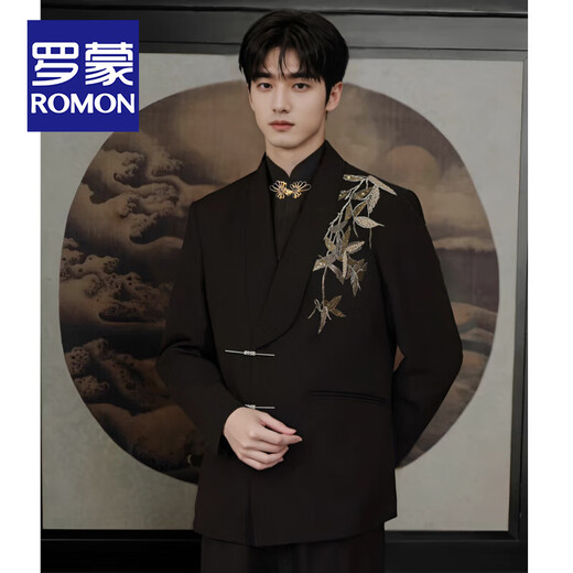 ROMON New Chinese Style Gold Collar Suit Men's Engagement Wedding Groom Embroidered Tang Suit Chinese Style Host Banquet Suit Men's New Chinese Style Jacket + Pants XL (Recommended 155-170 Jin Jin equals 0.5 kg)