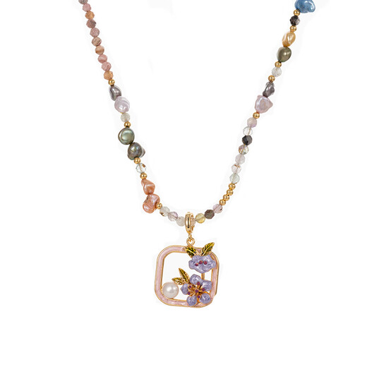 Pop oil painting style pendant natural freshwater baroque pearl necklace women's new Chinese style dopamine color beaded clavicle chain oil painting style beaded pendant necklace about 46+7cm long