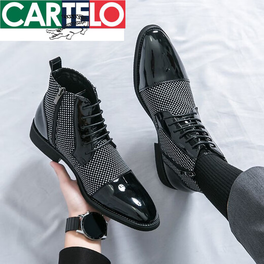 CARTELO leather shoes men's formal wear fashion business casual Martin boots trend British and Korean version pointy toe wedding groom leather shoes trend X.9712 black (inner height increase) 39