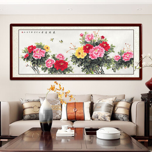 Shangdetang hand-painted Chinese painting peony blooming rich living room background wall decoration painting new Chinese style hanging painting ink painting Sapele solid wood frame-right angle walnut color mounting 125*65cm