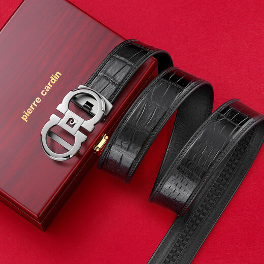 Pierre cardin [Light luxury crocodile leather] belt for men's genuine leather belt automatic buckle versatile belt Valentine's Day gift for boyfriend black 115cm