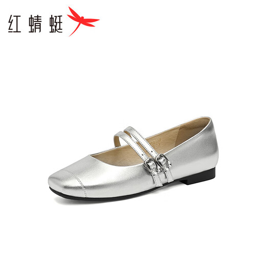 红蜻蜓玛丽珍鞋2025春季时尚双带扣平底单鞋法式女鞋WBB15219银色38