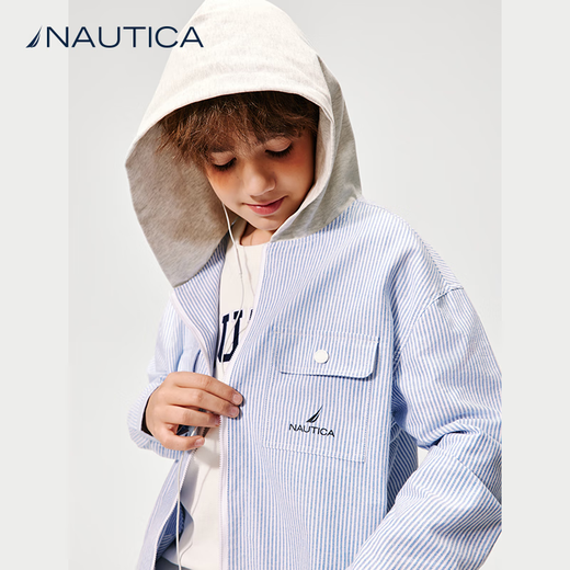 NAUTICA children's clothing boys and girls thin coat spring and autumn spliced hooded vertical striped shirt big children's clothes blue strip 140