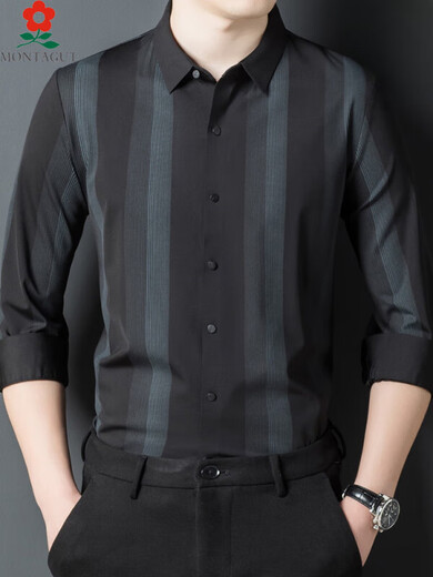 Mengtejiao men's mulberry silk men's long-sleeved shirt for spring middle-aged high-end business casual striped non-iron shirt 9921-Black 4XL one size 190 suitable for 185-210Jin [Jin equals 0.5 kg]
