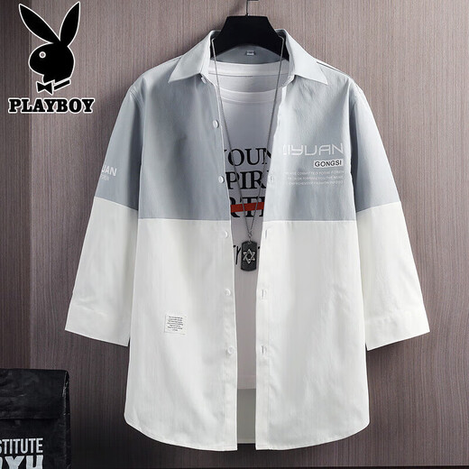 Playboy (Playboy) Shirt Herren viertelärmeliger Sommer-Herren-Kurzärmel-Hemd Herren Ice Silk Casual Lose Männerjacke weiß und grün xl